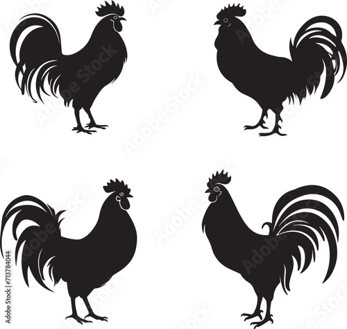 Set of Rooster black silhouette on white background 
