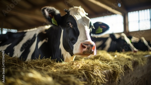 Dairy cows rest on a bed of hay in a sunlit stable