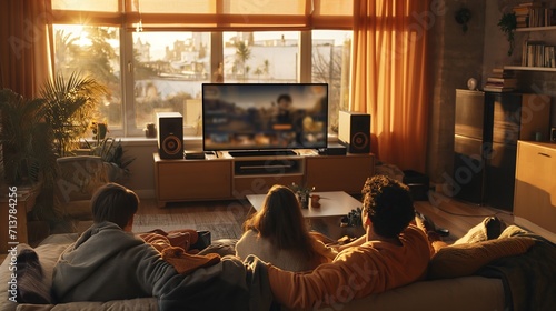 Family Enjoying Personalized AI Entertainment at Home photo