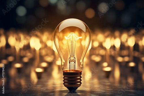 An image of a unique light bulb concept indicating to think differently. A group of light bulbs points in one direction while one individual points in a different way photo