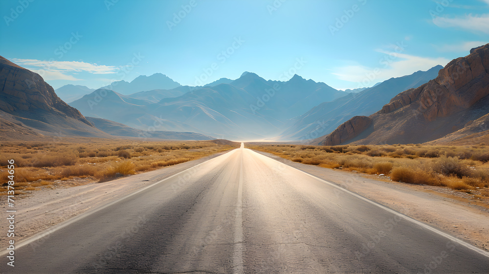 Endless Travel Adventure, Symmetrical Desert Road Leading to Future, Desert Expedition, Empty asphalt road, unknown trip in desert