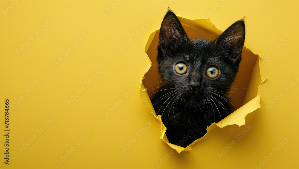 Cute black cat peeking through a hole in yellow paper. Funny peekaboo. Mischief and naughty animals Cute black cat peeking through a hole in yellow paper. Funny peekaboo. Mischief and naughty animals