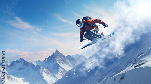 Snowboarder going down a snowy slope against a background of high mountains