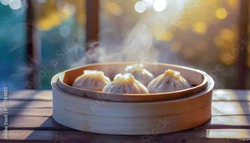 Piping hot delicious bamboo steamer , chinese xiao long bao, dim sum, close up.