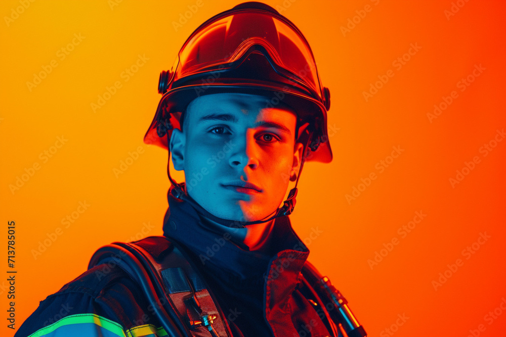 Portrait of a firefighter in uniform on orange background. Studio shot. Portrait of a firefighter in uniform on orange background. Studio shot.