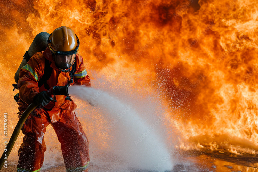 Obraz premium Firefighter extinguishing a fire in a burning house or office.