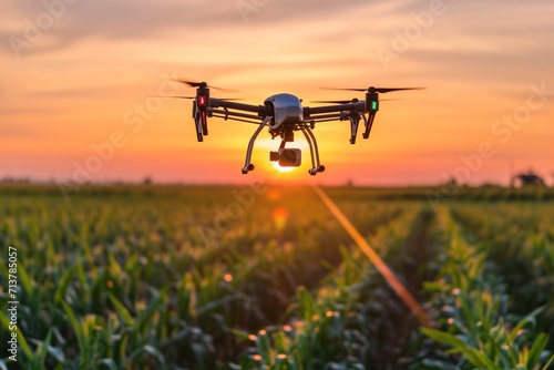 Agricultural Drone Flying Over Crop Field at Sunset
