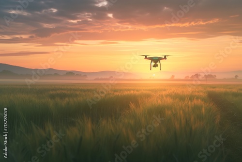 Agricultural Drone Flying Over Crop Field at Sunset