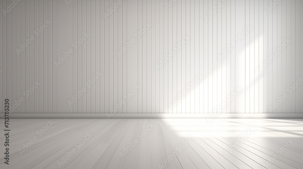3d stimulate of white room interior and wood plank floor with sun light shadow on the wall