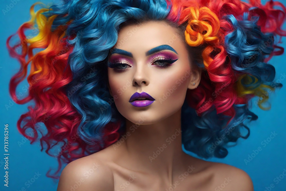 Glamorous portrait of beautiful young woman with bright make up and a crazy rainbow-colored hairstyle on a bright blue background.