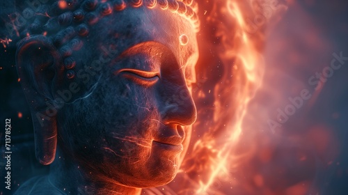 Soft, glowing halo around the Buddha's head, representing spiritual enlightenment and divine energy.
