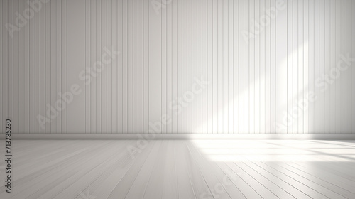 3d stimulate of white room interior and wood plank floor with sun light shadow on the wall