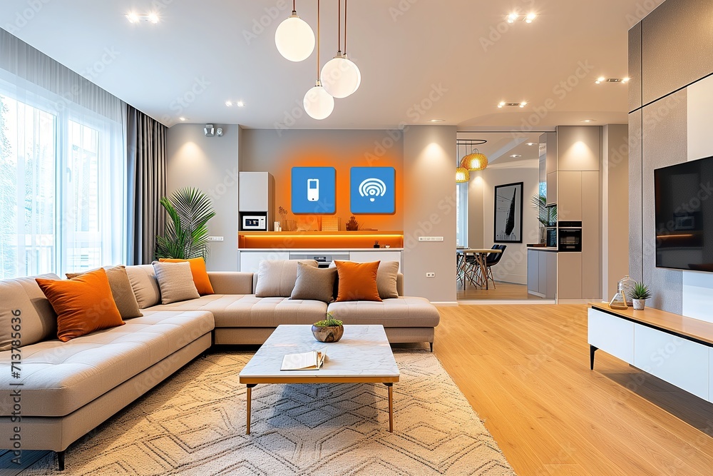 Fototapeta premium Modern Smart Home Interior with Integrated AI Assistants