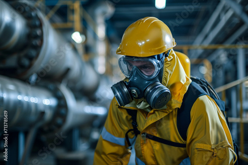 Close-up of a man in a chemical protective suit and respirator in a factory.