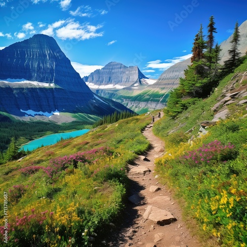 The Grinnell Glacier trail is more than 10 miles long., landscape with lake and mountains photo