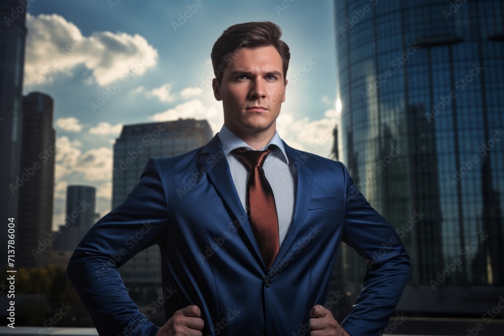 A businessman portrayed as a superhero, set against the backdrop of a city