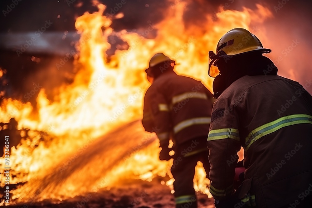 Fototapeta premium A dedicated team of firefighters working together to extinguish blazing flames