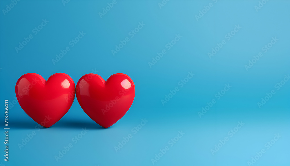 Two red hearts on a blue background with copy space for your text Two red hearts on a blue background with copy space for your text