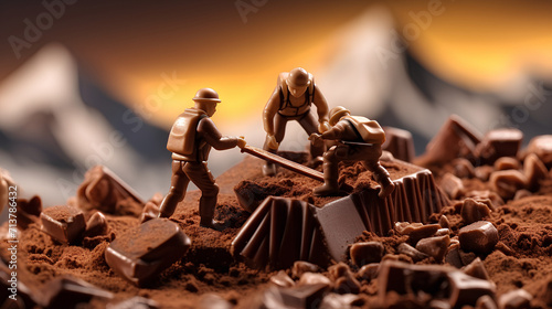 Miniature men in the mountains made of chocolate. photo