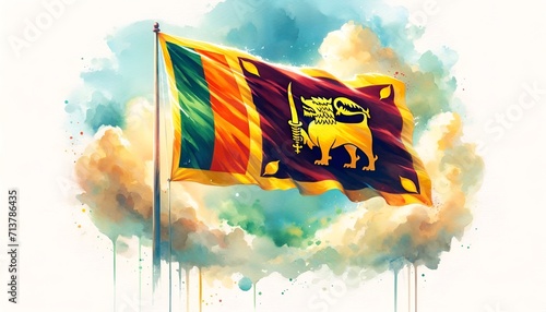 Watercolor illustration of waving sri lanka flag for indapendence day.