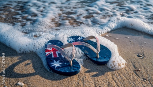 Australia flag thongs/flip-flops on the beach. Australia day concept.  photo