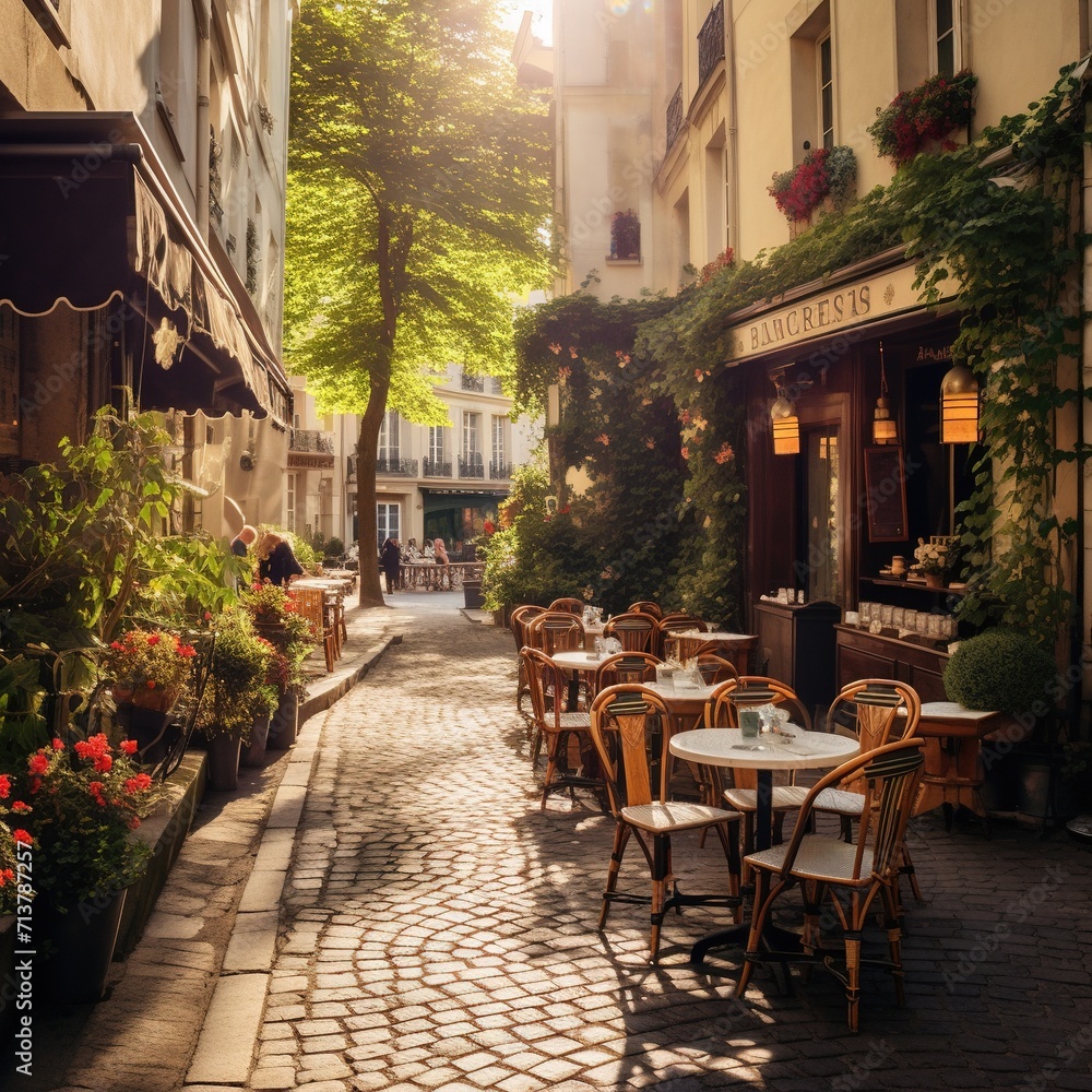 Street cafe in the city.  The streets of Paris are as charming as can be. Cobblestone streets, tucked away plazas and family-owned cafes and restaurants are the norm here. 