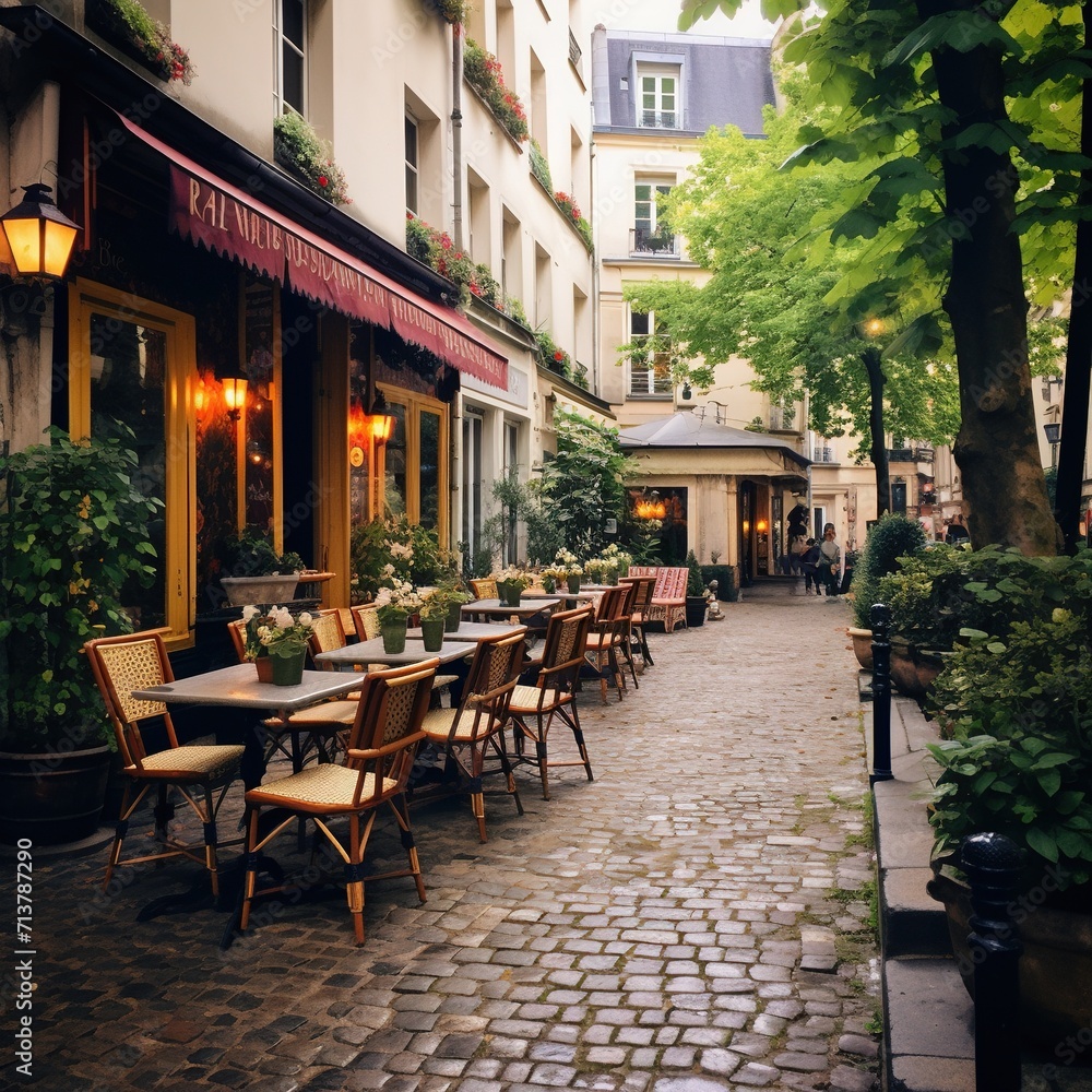 Street cafe in the city.  The streets of Paris are as charming as can be. Cobblestone streets, tucked away plazas and family-owned cafes and restaurants are the norm here. 