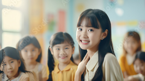 A smiling young teacher with a group of young students in a colorful classroom