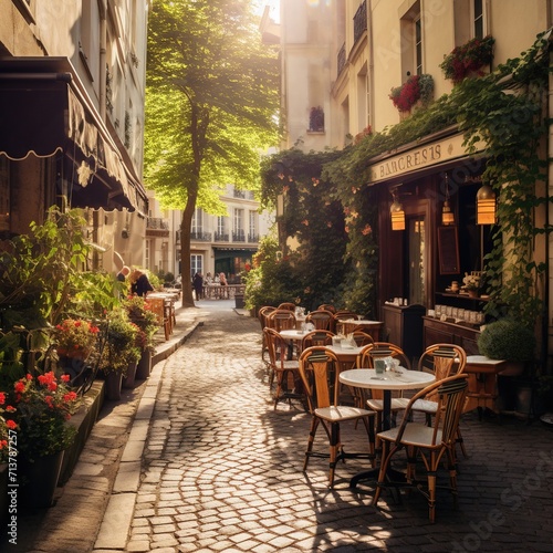 Street cafe in the city. The streets of Paris are as charming as can be. Cobblestone streets, tucked away plazas and family-owned cafes and restaurants are the norm here. 