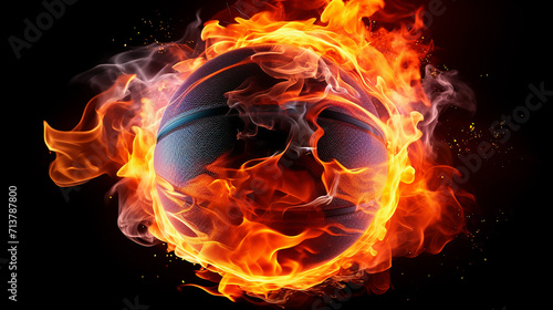 basketball ball on black background with smoke yellow fire