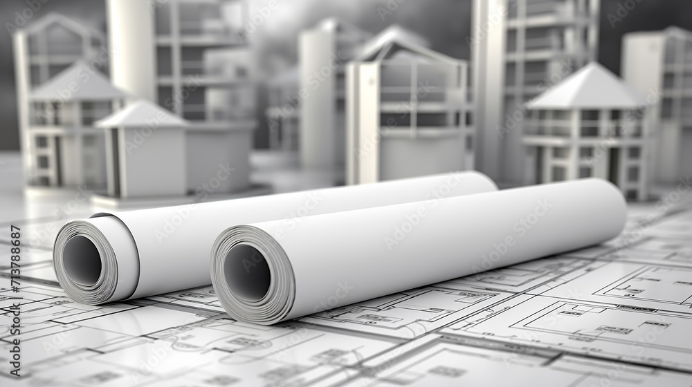 mock up of architectural construction drawing paper with white building ...