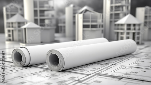Fototapeta Naklejka Na Ścianę i Meble -  mock up of architectural construction drawing paper with white building model 3d rendering