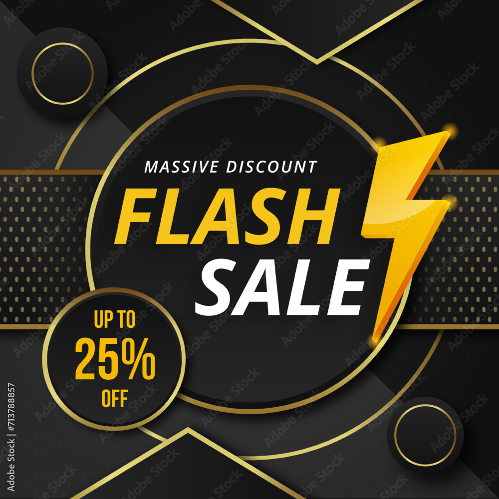 Flash Sale in Luxury background with discount up to 25%. Vector illustration. Massive Discount. Flash Sale Banner with Golden Thunder Sign on Golden Background.