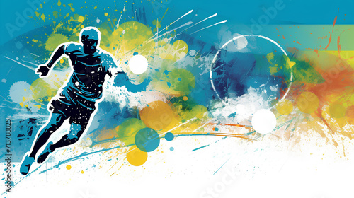 Silhouettes of football players with a ball on a watercolor background. Types of sports.