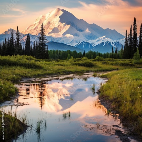 Denali National Park, Alaska destination unfurls across 6 million tranquil acres of taiga and tundra.  landscape with lake and mountains photo