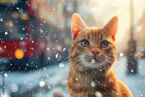 Animal portrait. Cute cat in the London Christmas with snow, cinematic light. 3D illustration and 3D Render