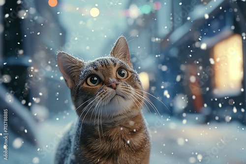 Animal portrait. Cute cat in the London Christmas with snow, cinematic light. 3D illustration and 3D Render