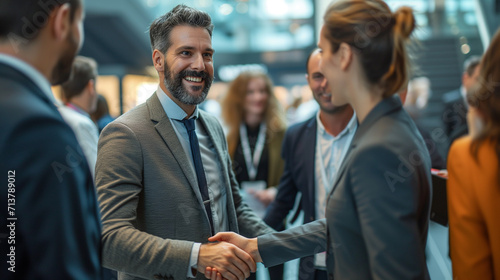 Friendly business professionals shaking hands during a networking event in a corporate setting.