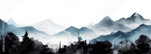 山々の景色　水墨画　イラスト「AI生成画像」