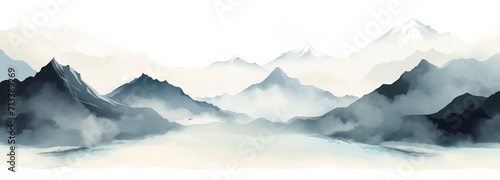山々の景色　水墨画　イラスト「AI生成画像」 © ヨーグル