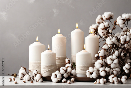 Burning candles with cotton flowers on table against grey background  space for text