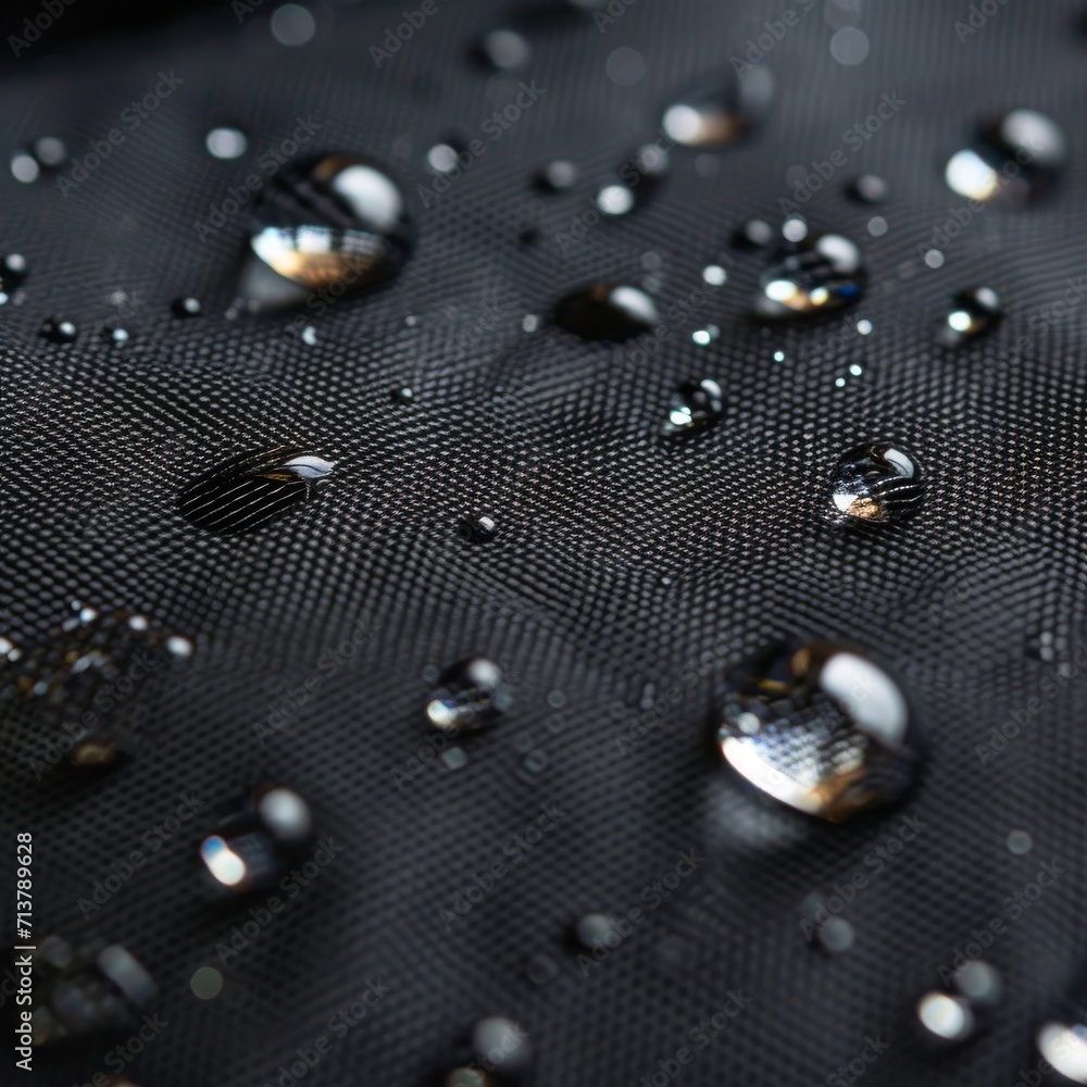 closeup of a dark waterproof fabric with water drops