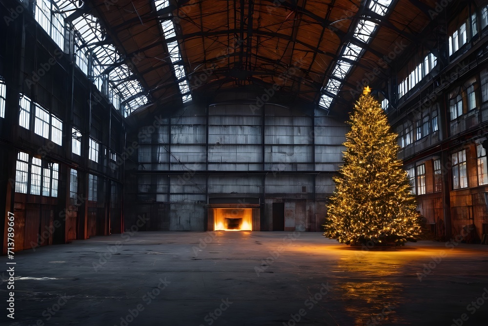 Alte dunkle Industriehalle mit beleutetem Weihnachtsbaum - KI generiert