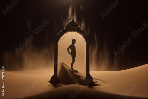 States of mind, running time concept. Human silhouette and hourglass in desert background with copy space abstract and surreal minimalist illustration #713789694
