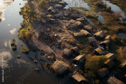 Aerial view: striking difference between a makeshift community and a peaceful river. Generative AI