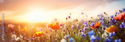 Orange purple blue Flowers over Greenery Meadow Banner Background. Colorful spring panoramic colorful wildflowers at green field, sunset sky sun rays background bokeh. Copy space photo