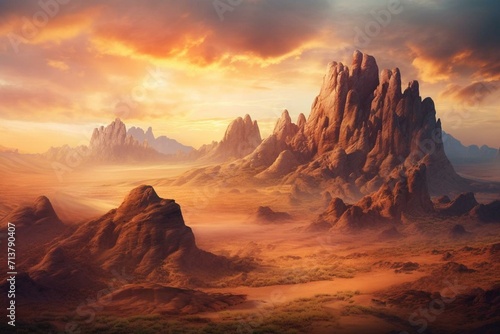 Aerial view of a colorful rocky desert with towering rock formations and sandstorms during a serene sunset, with a touch of fantasy. Generative AI