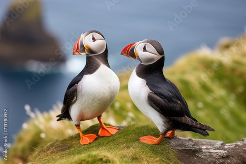 Puffins standing beak to beak on an Icelandic rock
