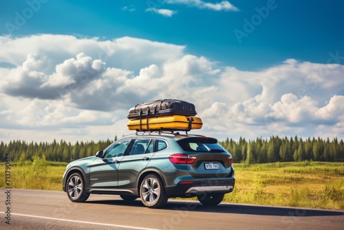 A car loaded with luggage on the roof  ready for a summer vacation
