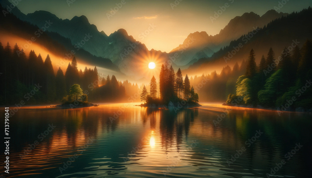 Peaceful sunrise with golden light piercing through mist over a serene mountain lake surrounded by forests. Sunrise, mountains, lake, landscape, mist, forest. Generative AI